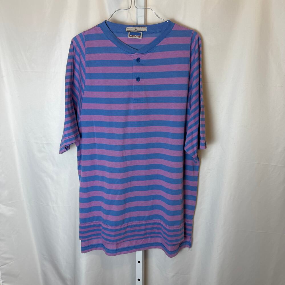 VTG 80s Levi’s Men’s L Striped Henley Tee Pink Blue Sleeve Logo Retro Preppy